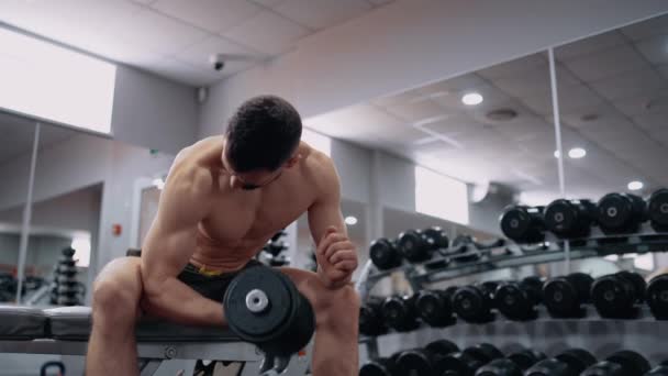 Il telaio di un bodybuilder che esegue, seduto, esercizio per i muscoli della mano sollevando il manubrio con una mano. Intensa energia maschile. Uno stile di vita sano. Concetto sportivo — Video Stock