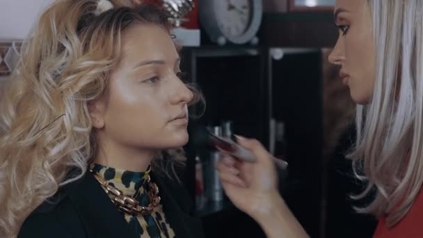 Le maquilleur applique la poudre avec un pinceau de maquillage épais sur le visage du modèle. Processus d'application du maquillage à la maison par un professionnel. Concept artistique — Video