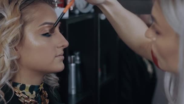 The young make-up artist applies highliter over the womans cheekbones and on the tip of her nose to give it brightness. The process of applying makeup at home by a professional.Beauty industry — Stock Video