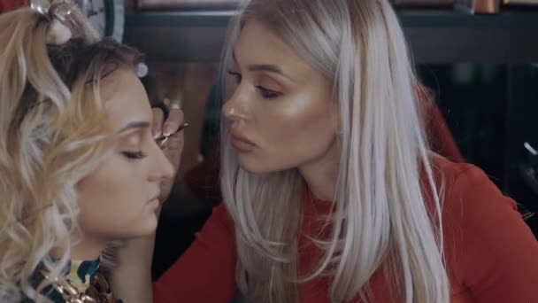 The makeup professional applies false eyelashes to the charismatic blonde woman. The process of applying makeup at home by a professional. Artistic concept — Stock Video