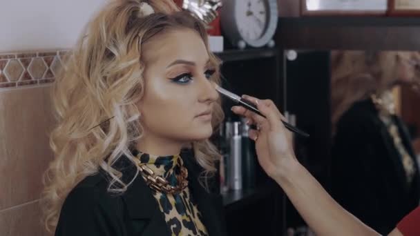 Make-up artist applicerar puder på hela ytan av blonda kvinnors ansikte. Processen att applicera makeup hemma av en professionell. Skönhetsindustri. Konstnärligt begrepp — Stockvideo