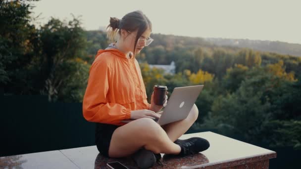 Die junge rothaarige Frau mit Brille und orangefarbener Bluse zielt auf die Tasten des Laptops und sitzt im Park vor dem Hintergrund grüner Bäume. Das Konzept des Unternehmers in der Natur — Stockvideo