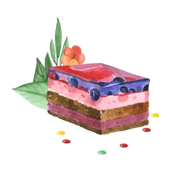 Watercolor drawing of a sponge cake with blueberry jam on a white background