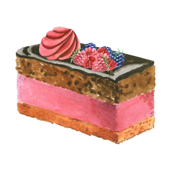 Watercolor drawing of a sponge cake with chocolate icing and raspberry berries on a white background