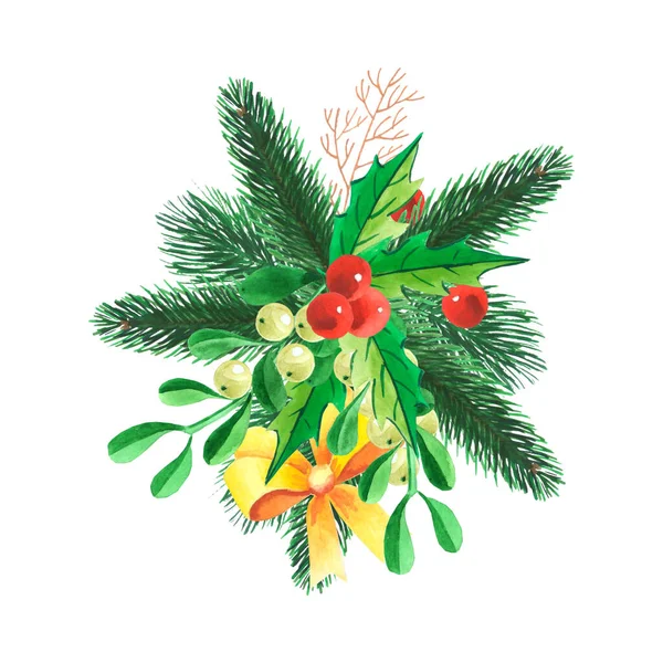 Watercolor drawing of a Christmas decoration with mistletoe, Holly and fir branches on a white background