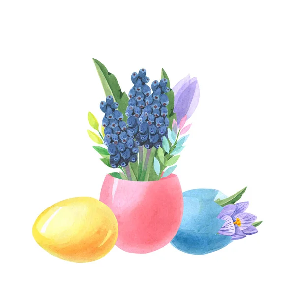 Watercolor drawing of a bouquet of muscari flowers and colorful eggs on a white background. Decorative element for postcards and invitations