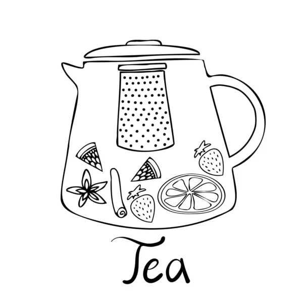 Diseño de ilustración en blanco y negro vectorial aislado de maceta de té de vidrio ornamental forrada — Vector de stock