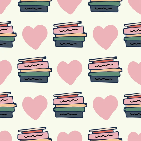 Seamless vector colorful pattern illustration of pile of books and hearts — Stock Vector