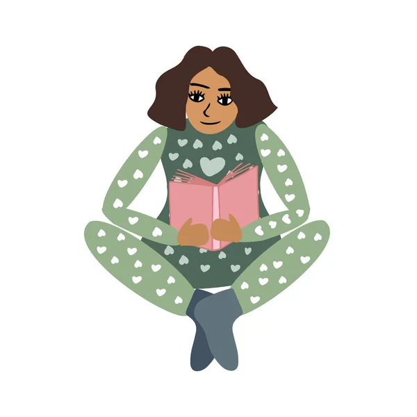 Isolado vetor colorido ilustração de uma menina no pijama verde leitura livro —  Vetores de Stock