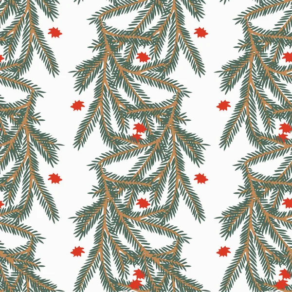 Vector nahtlose Muster buntes Design mit dekorativen Weihnachtsbaum Zweig mit roten Sternen — Stockvektor