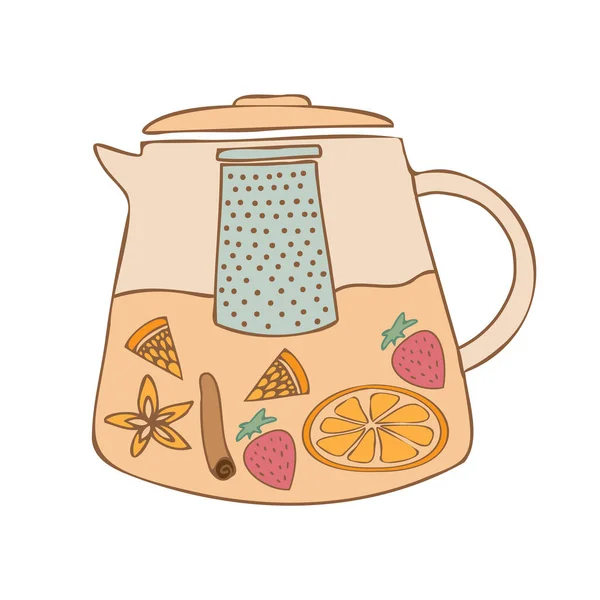 Illustration vectorielle isolée colorée design de pot à thé en verre décoratif doublé avec fruits — Image vectorielle