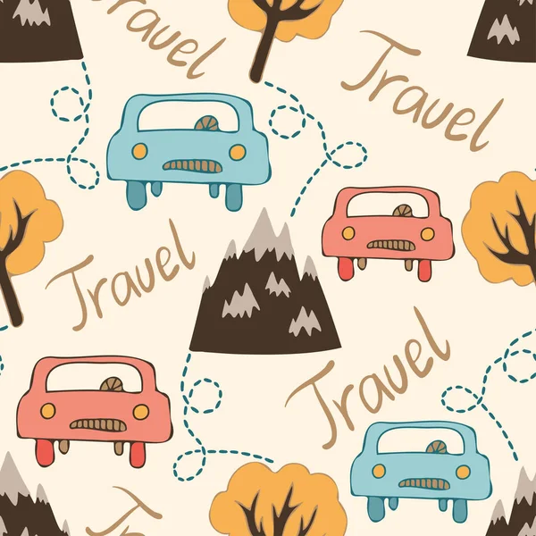 Patrón vectorial inconsútil diseño de viaje vintage con coches, montañas y árboles — Vector de stock