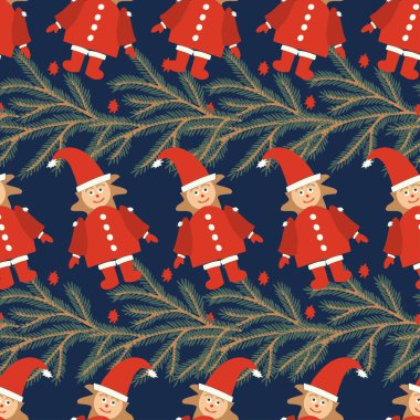 Dekoratif Noel ağacı dalı ve Noel Baba elfleriyle renksiz tasarım.