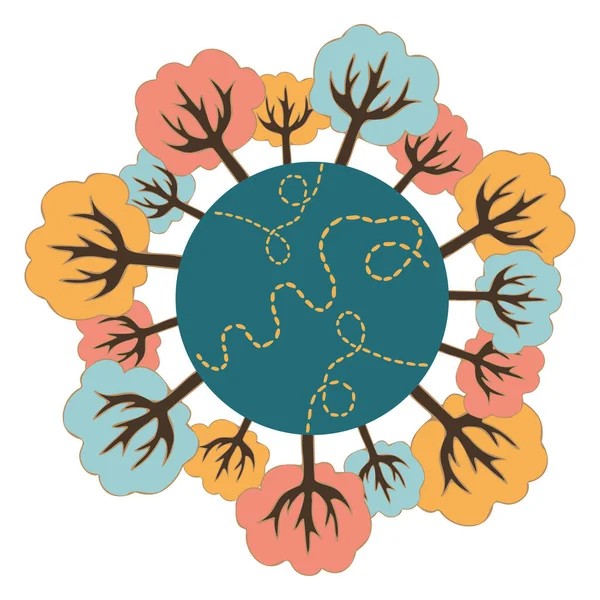 Ізольована Векторна ілюстрація значок мультяшної барвистої планети з декоративними деревами і дорогами в пастельних тонах — стоковий вектор