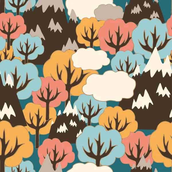 Vector moderne nahtlose Muster dekorative abstrakte Landschaft von bunten Bäumen und Bergen — Stockvektor