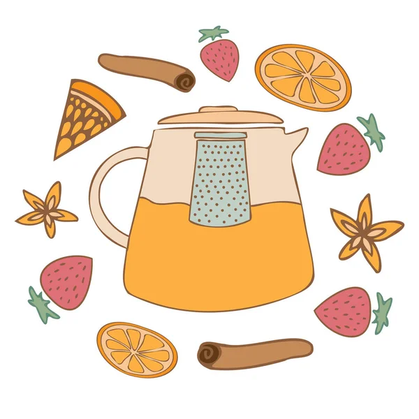 Illustration vectorielle isolée colorée design de pot à thé en verre décoratif doublé avec fruits — Image vectorielle