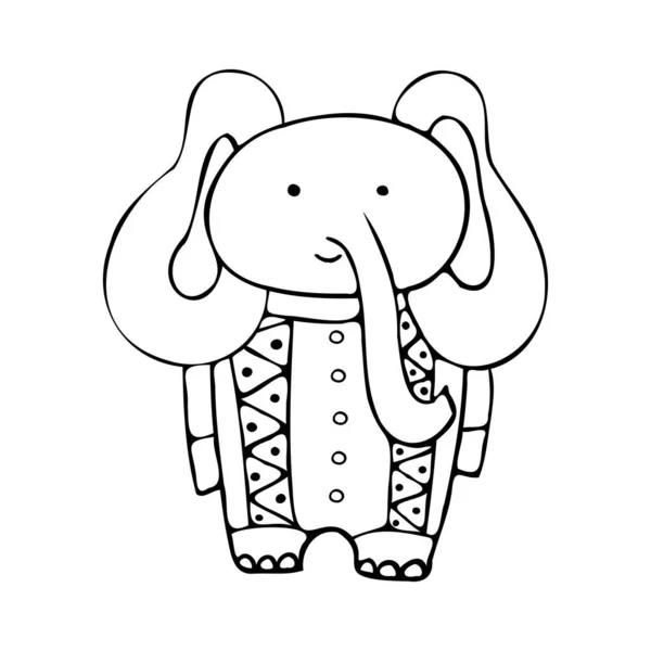 Diseño en blanco y negro vectorial aislado con siluetas gráficas de elefante lindo en traje ornamental — Vector de stock