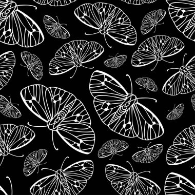 Süslü kelebeklerin soyut siyah ve beyaz vektör desenleri