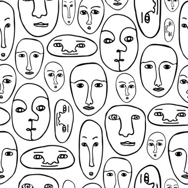 Soyut yüzlerin kusursuz siyah ve beyaz desenli çizimi