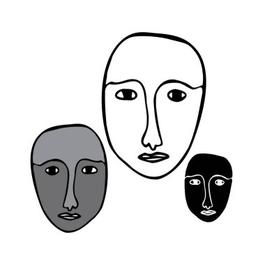 Soyut çizgili kübist yüzlerin izole edilmiş siyah ve beyaz vektör çizim kümesi