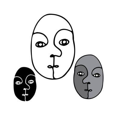 Soyut çizgili kübist yüzlerin izole edilmiş siyah ve beyaz vektör çizim kümesi