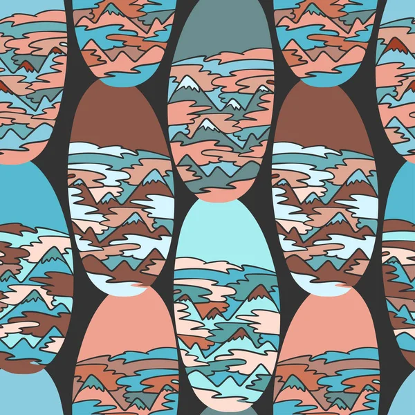 Vektor modern seamless pola dekorasi abstrak lanskap warna-warni pegunungan dalam ovals - Stok Vektor