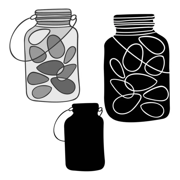 Isolierte Vektorillustration Schwarz-Weiß-Design von eingelegten Eiern in Glas, Silhouette und gefüttert — Stockvektor