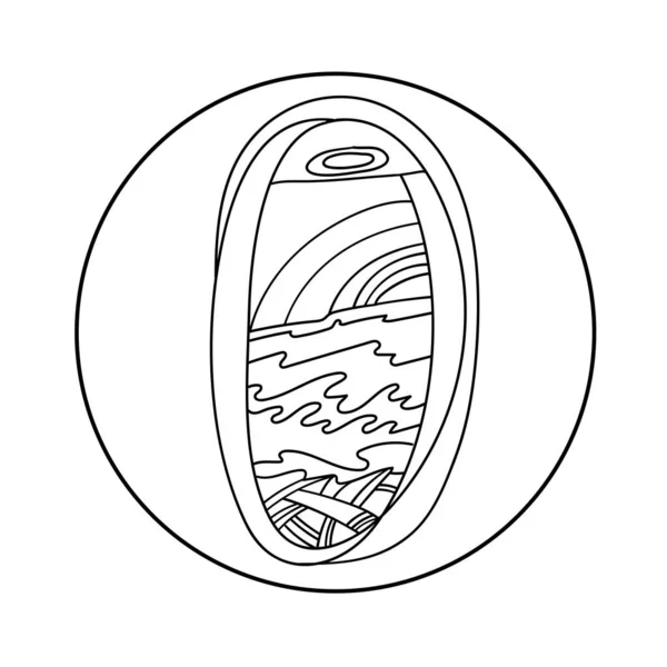 Isolierte Vektor-Schwarz-Weiß-Illustration des Passagierflugzeugfensters mit Blick auf Meer und Sonnenuntergang — Stockvektor