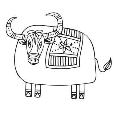 Süslü, şirin çizgili boğanın izole edilmiş siyah beyaz çizim tasarımı.