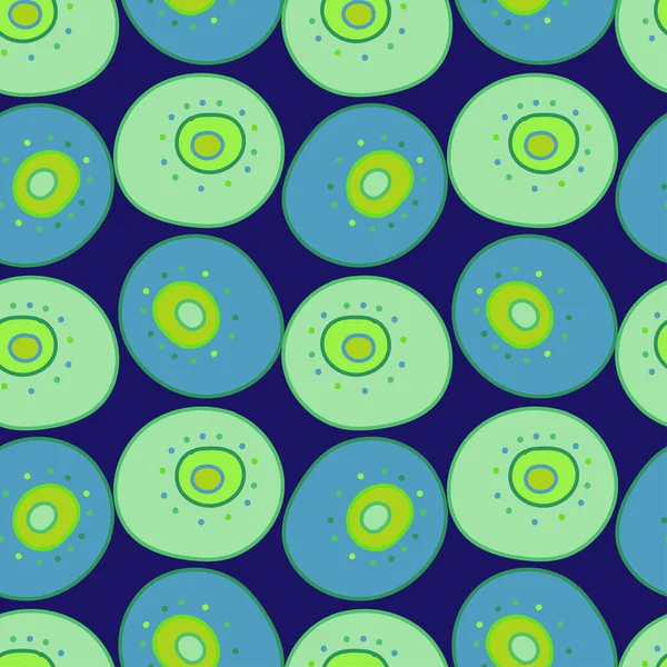 Vector nahtloses Tupfenmuster in Blautönen. Illustration von grünen und blauen Kreisen mit Punkten — Stockvektor