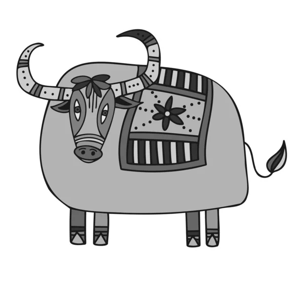 Diseño de ilustración en blanco y negro vectorial aislado de toro gris forrado lindo ornamental — Archivo Imágenes Vectoriales