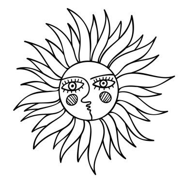 Renkli tılsım güneşli, siyah beyaz soyut vektör çizimi