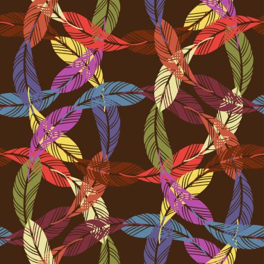 Soyut geometrik tüy danteli koyu kahverengi arkaplanda parlak tonlarda kusursuz desen