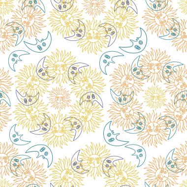 Cadı tılsımlarının kusursuz rengarenk vektör deseni, güneş ve ay.