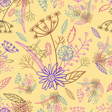 Soyut çizgili çiçeklerin renksiz desenleri ve pastel tonlarda otlar.