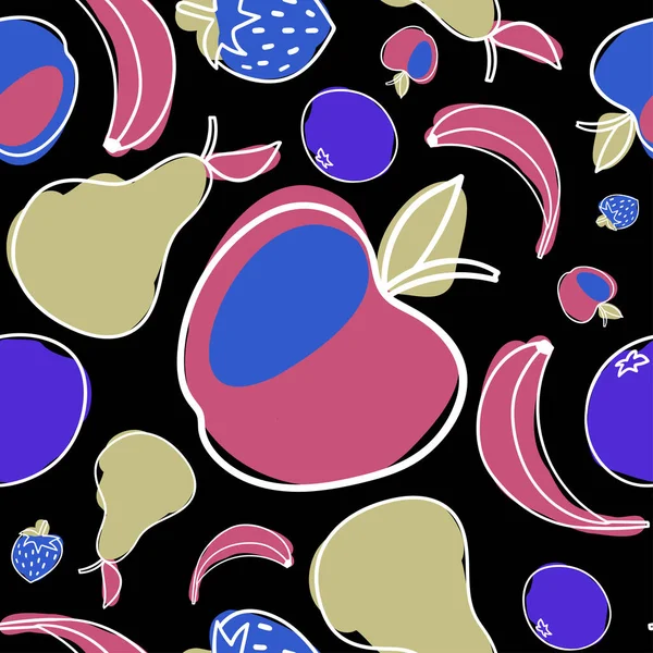 Motif vectoriel moderne sans couture silhouettes abstraites de fruits d'été dans des tons vifs sur le noir — Image vectorielle