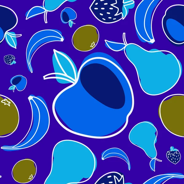 Motif vectoriel moderne sans couture silhouettes abstraites de fruits d'été dans des tons bleu foncé — Image vectorielle