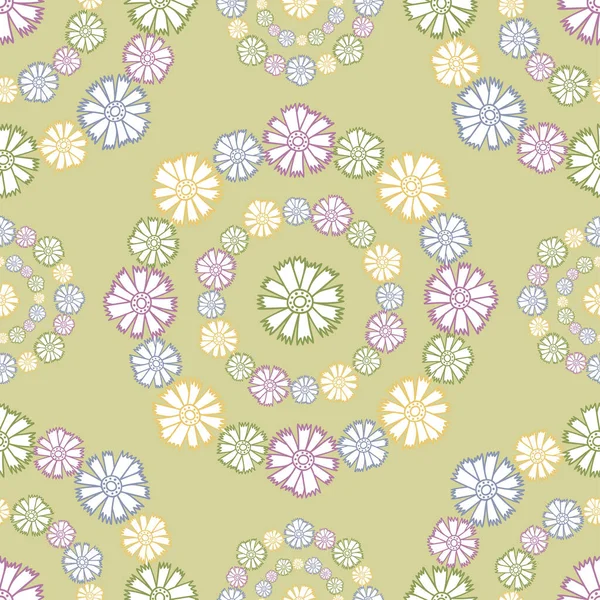 Patrón sin costura vectorial diseño colorido de flores brillantes dibujadas a mano en círculos en tonos pastel — Vector de stock