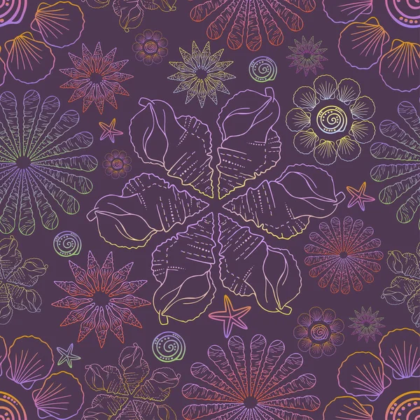 Dekoracyjny bezszwowy elegancki wzór wzorów muszli w kwiatowych formach w fioletowych kolorach — Wektor stockowy