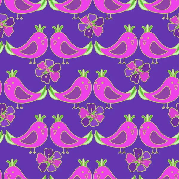Mignon motif vectoriel coloré sans couture illustration design coloré d'oiseaux et de fleurs de dessin animé — Image vectorielle