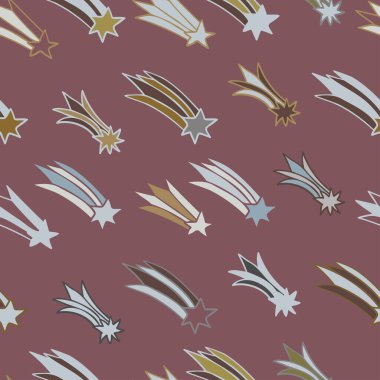 Kırmızı üzerine pastel renkli kayan yıldızlarla kusursuz soyut vektör deseni