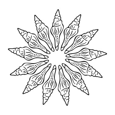 Dekoratif izole edilmiş siyah-beyaz vektör. Çiçek şeklinde deniz kabuğu tasarımı.