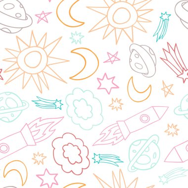 Çizgili gezegenler ve pastel tonlarda roketlerle dış uzayın renksiz bir tasarımı.