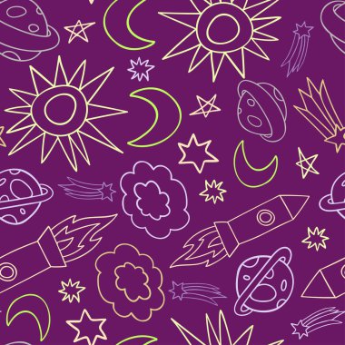 Çizgili gezegenler ve pastel tonlarda roketlerle dış uzayın renksiz bir tasarımı.