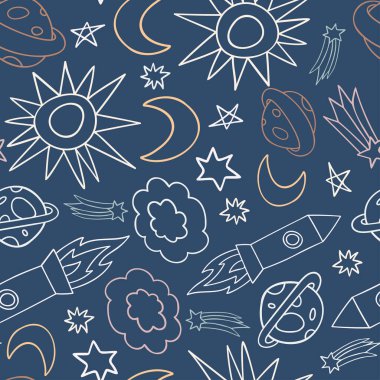 Çizgili gezegenler ve pastel tonlarda roketlerle dış uzayın renksiz bir tasarımı.