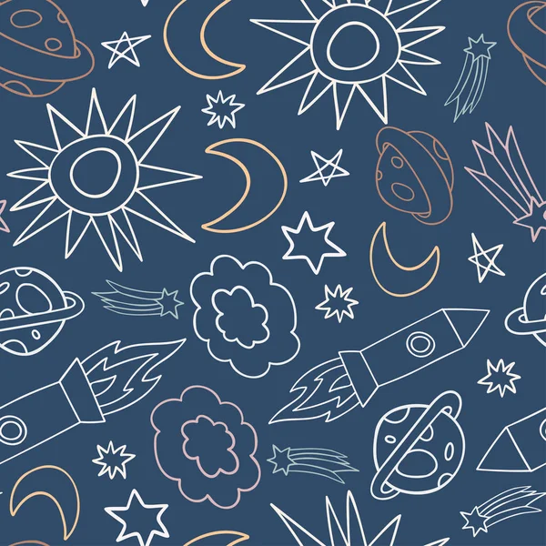 Çizgili gezegenler ve pastel tonlarda roketlerle dış uzayın renksiz bir tasarımı.
