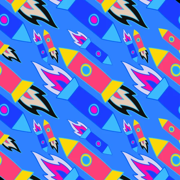 用明亮的蓝调和粉色调线条火箭设计的外太空无缝线矢量图案 — 图库矢量图片