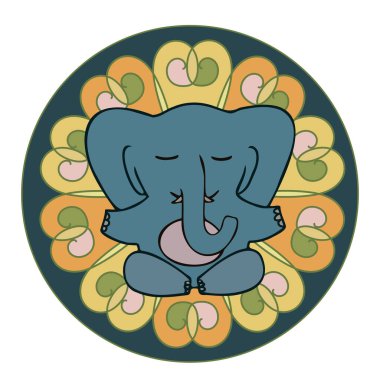 İzole edilmiş vektör çizimi soyut lotus üzerindeki şirin bir meditasyon filinin renkli tasarımı
