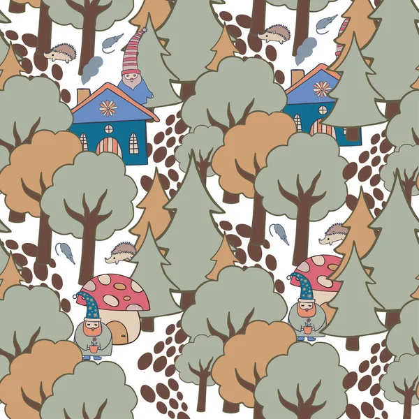 Illustration vectorielle colorée sans couture d'un gnome avec une maison dans une forêt dans des tons pastel — Image vectorielle