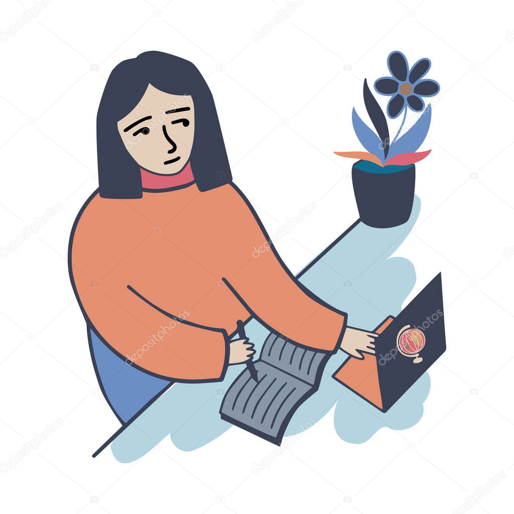 Isolated vector illustration colorful design of a girl studying at home